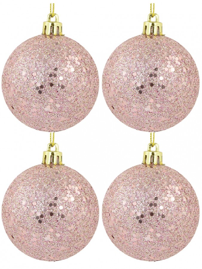 Pink Metallic Sequins & Glitter Coated Christmas Baubles - 12 x 60mm