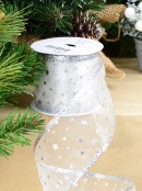 3m Shiny Silver Stars On White Sheer Wide Cut Ribbon