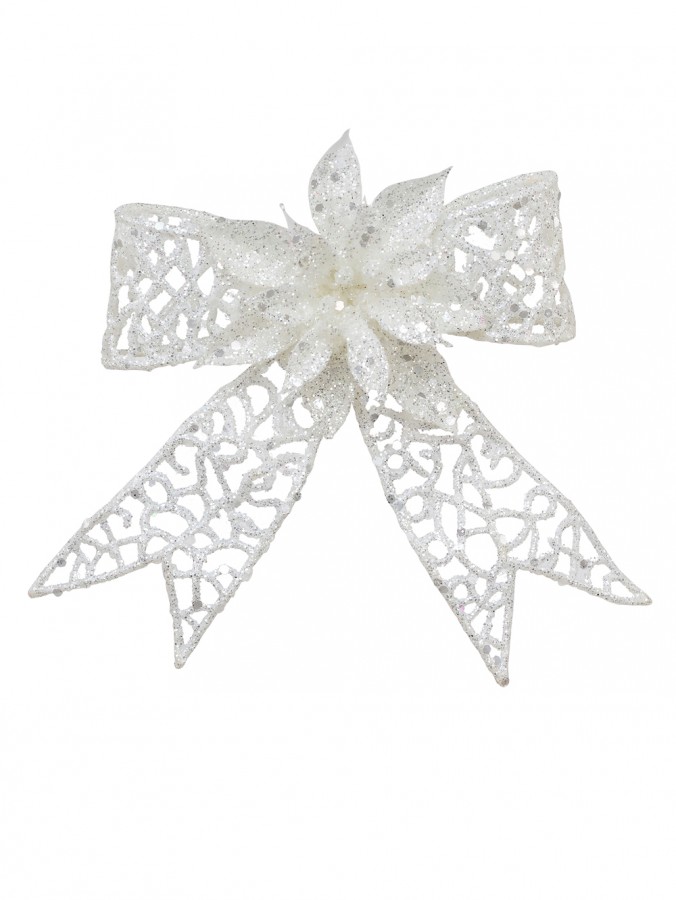Iridescent Mesh Look Ribbon Bow & Poinsettia Christmas Decoration - 15cm