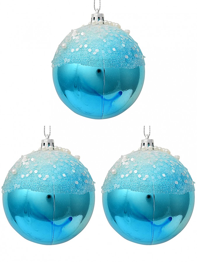 Blue Baubles With Frosted Look, Sequins & Pearl Embellishments - 3 x 80mm