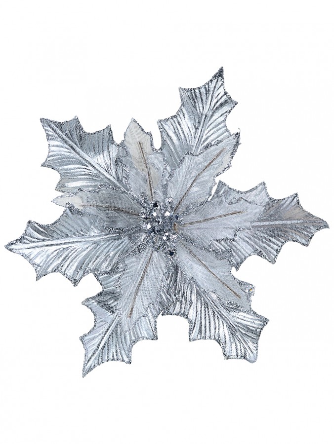 Sterling Silver Metallic Holly Leaf Mesh Poinsettia Christmas Clip Stem | 24cm