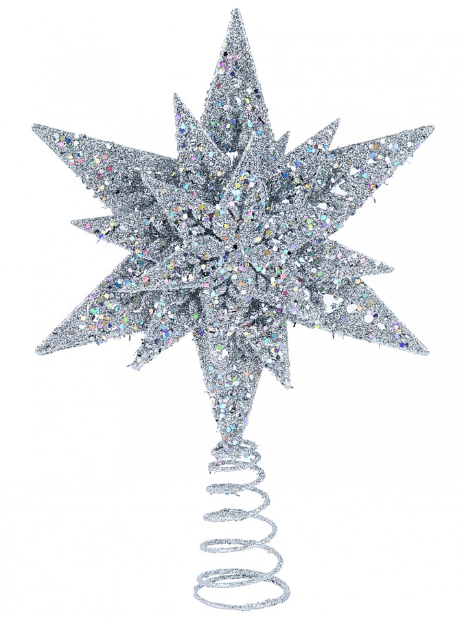 Silver Glitter & Iridescent Sequin Star Christmas Tree Topper Decoration - 32cm