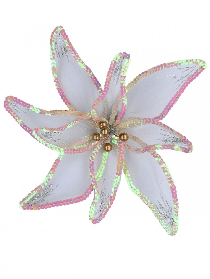 White Organza Poinsettia With Iridescent Christmas Clip Pick - 25cm Wide