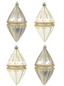 4x 14cm Ivory & Silver Oval Finial Baubles With Gold Glitter Embellishment