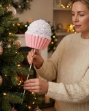 Pink Cupcake With Pastel Sprinkles & Silver Tinsel Long Christmas Stem | 71cm