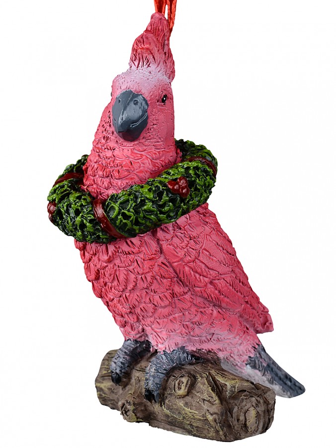 80mm Pink Little Cockatoo With Wreath Resin Christmas Tree Ornament