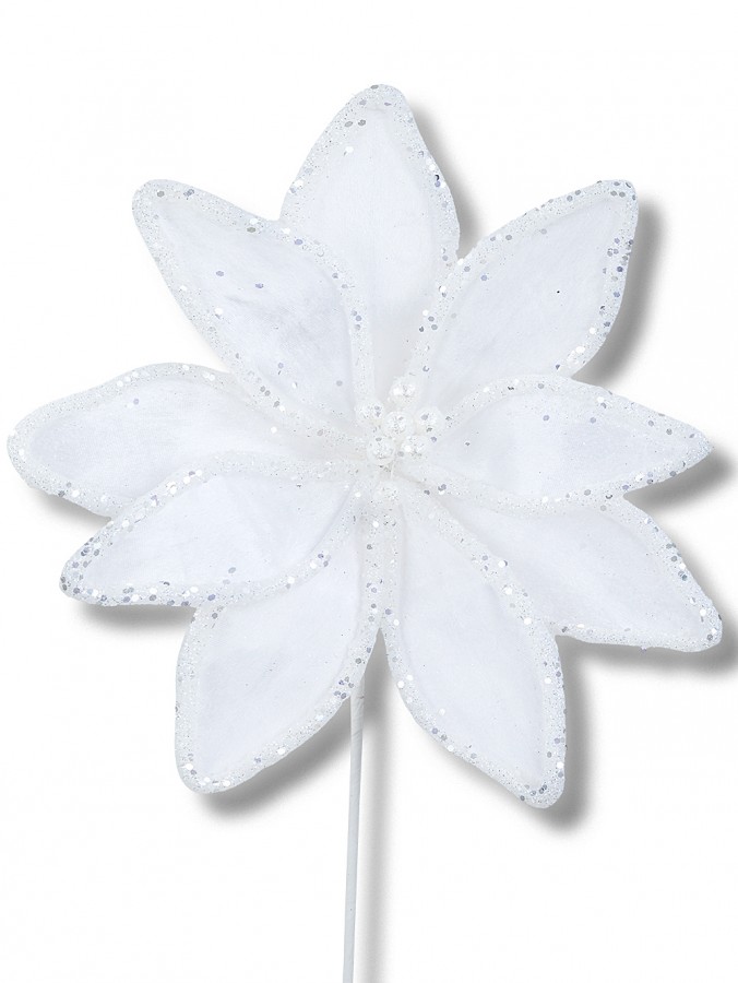 Winter White Velvet Poinsettia Long Stem With Silver Sequin Trim | 32cm