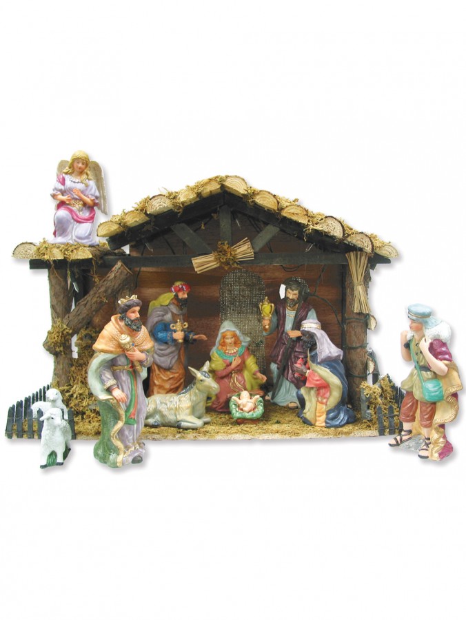 3D Set With Real Wooden Stable & 11 Porcelain Figurines Nativity Scenes - 59cm