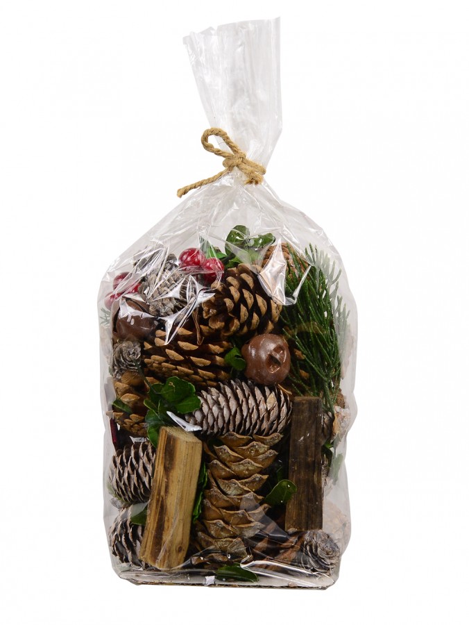 Natural Pine Cones, Wood Chunks, Stars, Bells & Berries Decoration Mix - 400g