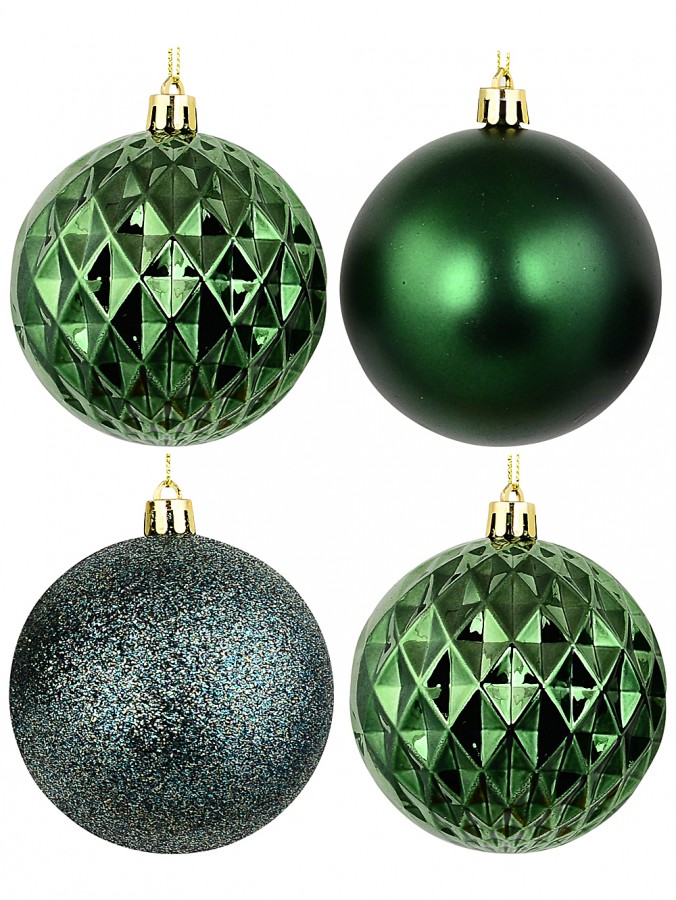 4x Deep Forest Green Mixed Texture Signature Ball Baubles | 80mm
