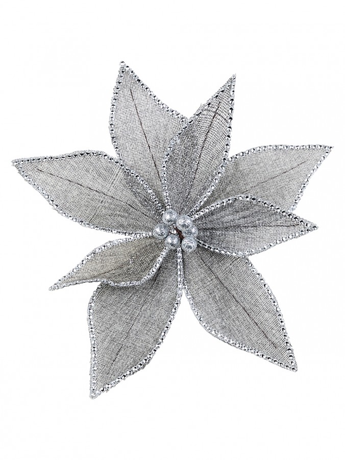 30cm Grey Mesh With Silver Decor Poinsettia Flower Christmas Tree Clip Pick
