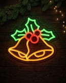 24cm Christmas Bells Holly & Berries Neon LED Light Display On Acrylic Board