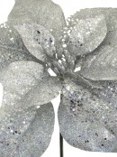 Silver Sequin & Glitter Poinsettia Decorative Christmas Flower Pick - 26cm