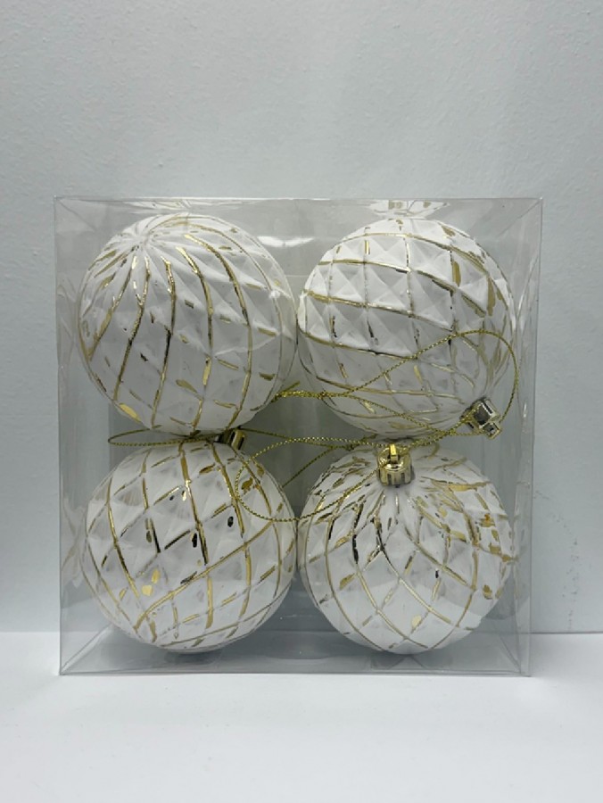 4x Snow White & Burnished Gold Quilted Whimsical Signature Baubles | 80mm