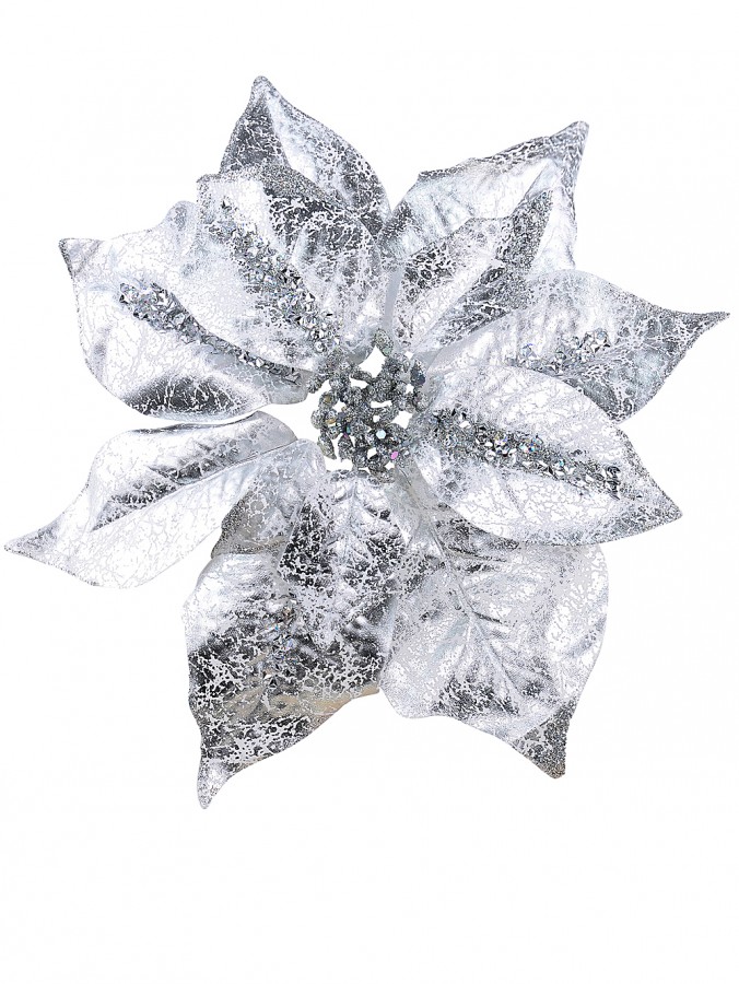 Silver With Sequins Poinsettia Decorative  Christmas Floral Pick - 28cm