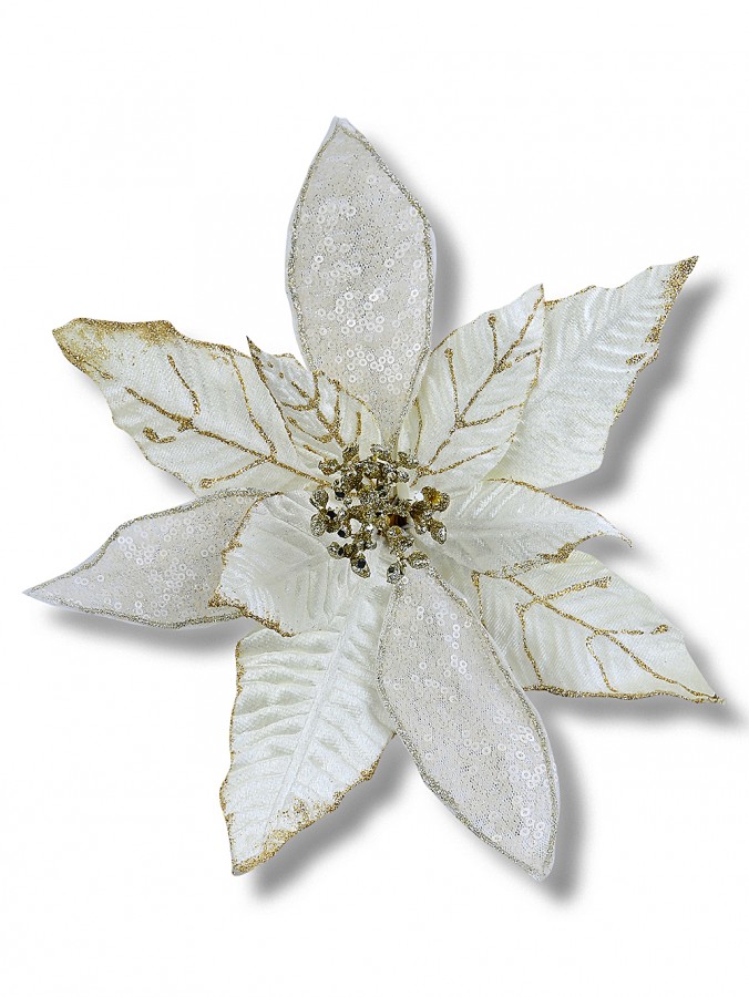 Gold White & Cream Poinsettia Christmas Tree Clip Pick | 28cm