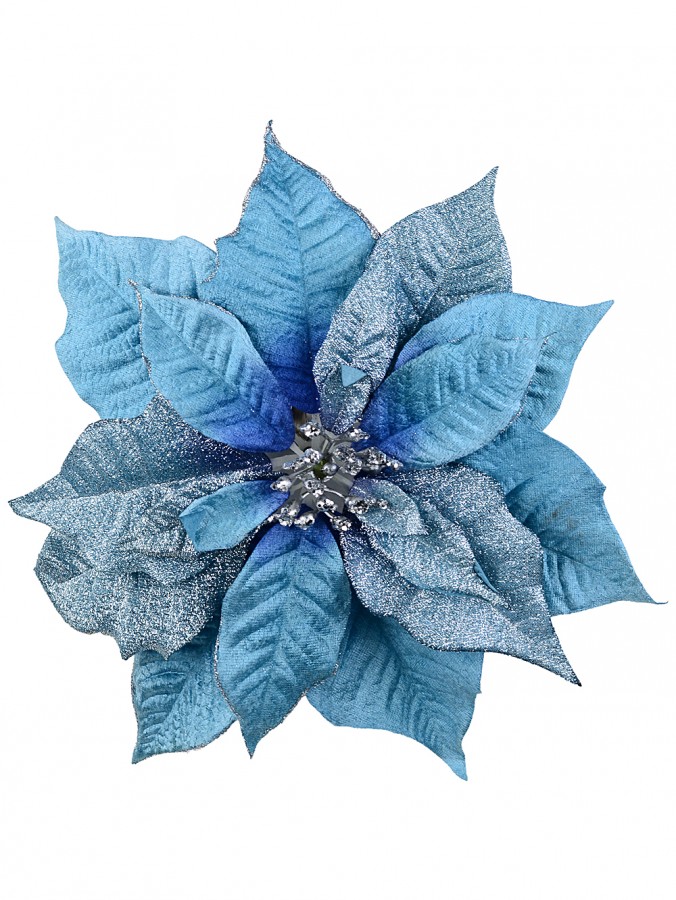 Layered Blue With Glitter Poinsettia Christmas Tree Clip Pick | 30cm