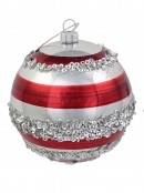 Red & Silver Striped Christmas Baubles With Silver Sequin Detail - 4 x 80mm