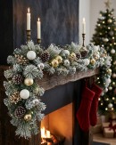 2.7m Decorated Flocked Pine & Spruce Garland | Gold, Silver & White Baubles