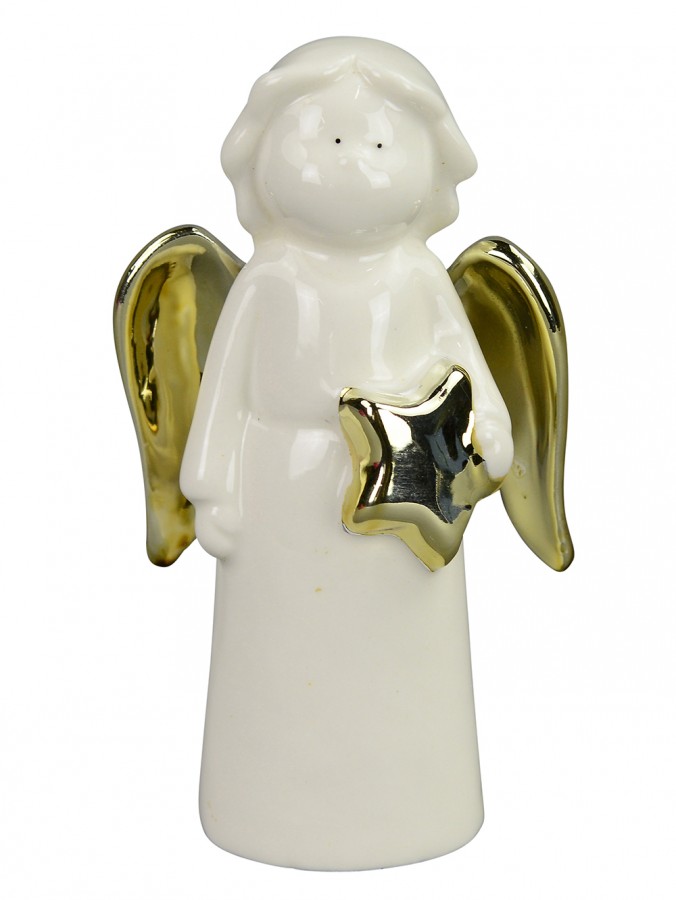 Ceramic White Angel With Gold Wings Holding Gold Star - 10cm