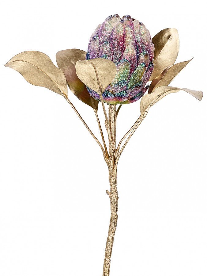 65cm Waratah-Like Protea Flower With Iridescent Glitter Long Christmas Stem