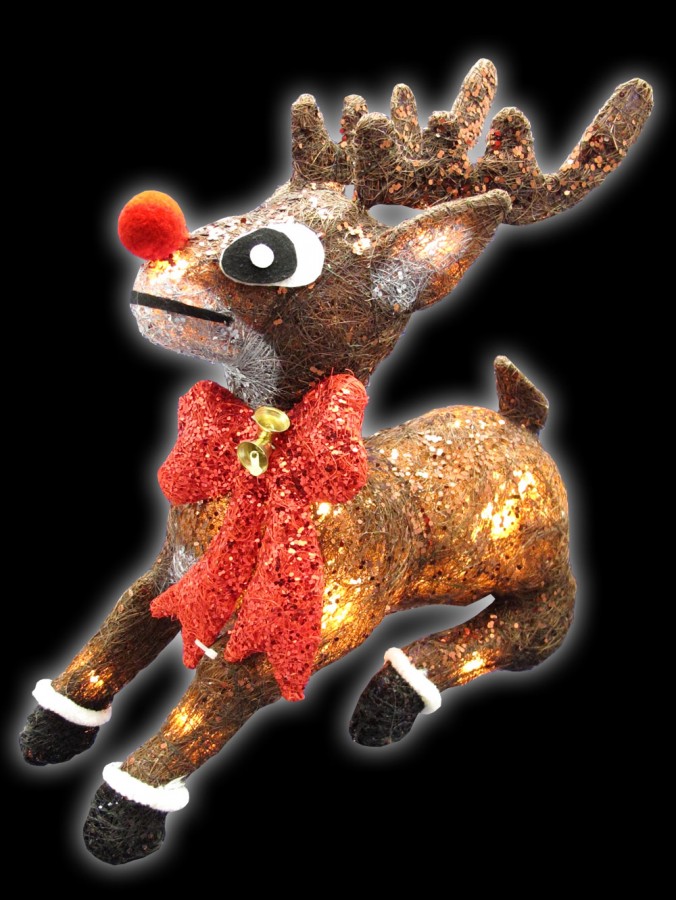 Sisal Sitting Reindeer With Red Bow & Nose Light Display - 31cm