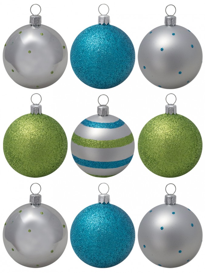 Turquoise, Lime & Silver Baubles With Assorted Patterns - 9 x 60mm 