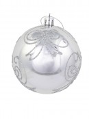 Silver Metallic Baubles With Silver Glitter Bow Design - 4 x 80mm