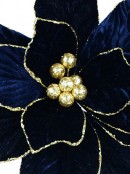 Royal Blue Velvet Poinsettia With Gold Stamen Christmas Flower Stem - 55cm
