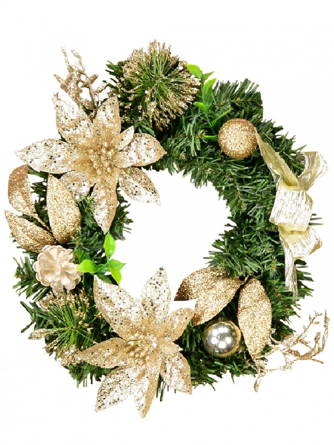 Decorated Gold & Champagne Mixed Foliage & Floral Pine Wreath - 30cm