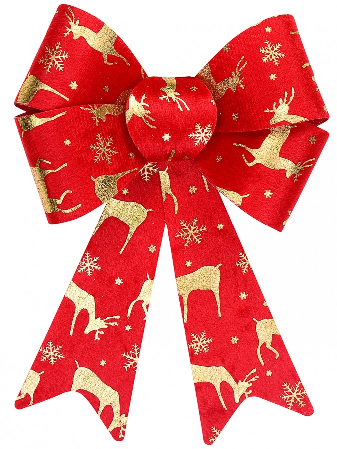 25cm Red Felt Christmas Bow With Metallic Gold Deer & Snowflake Print