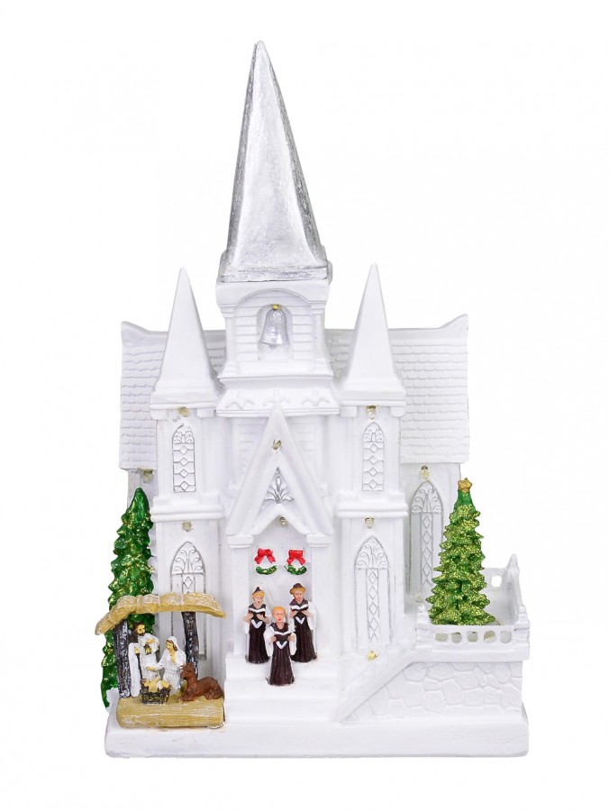 White Church With Revolving Christmas Tree - 37cm