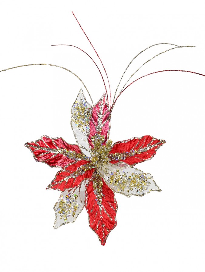 Red, Gold & Platinum Decorative Christmas Cactus Floral Pick - 25cm