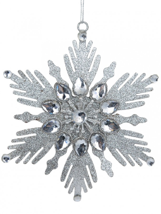 Silver Snowflake With Acrylic Jewels Christmas Tree Hanging Decoration - 13cm