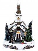 Winter Church LED Christmas Village Scene With Animated Bell & Tree - 35cm