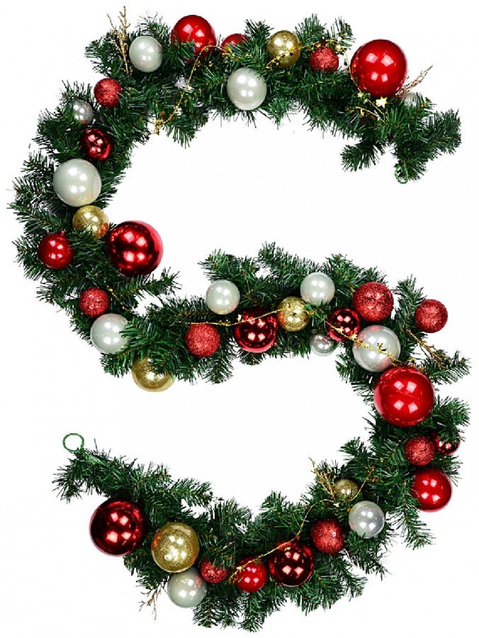 Decorated Red & Gold Bauble, Ribbon & Twigs Pine Christmas Garland - 2.7m