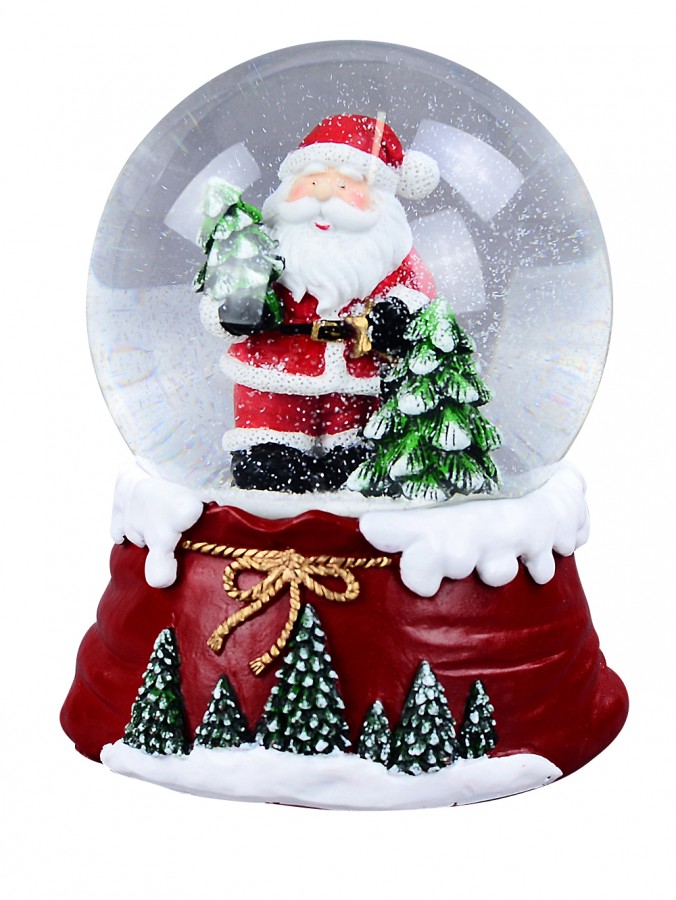 Santa & Pine Trees Wind Up Musical Waterball Snow Globe Ornament - 14cm