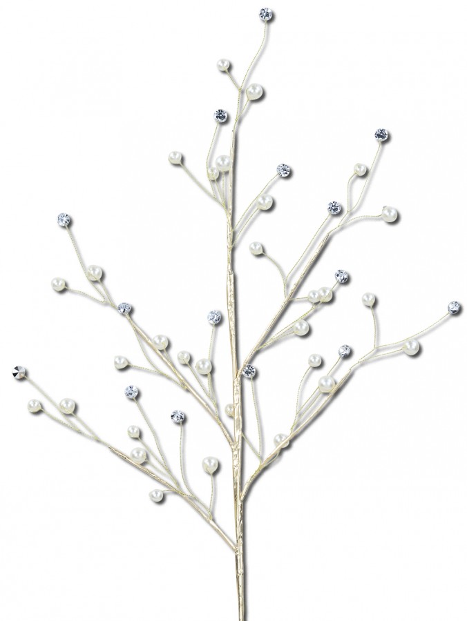 Faux Pearl & Diamante Starburst Spray Stem With Gilded Branchlets | 56cm