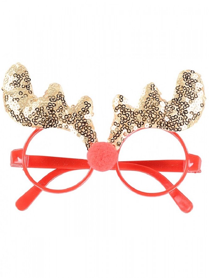 Gold Sequin Deer Antlers & Red Nose Fun Novelty Glasses - One Size Fits Most