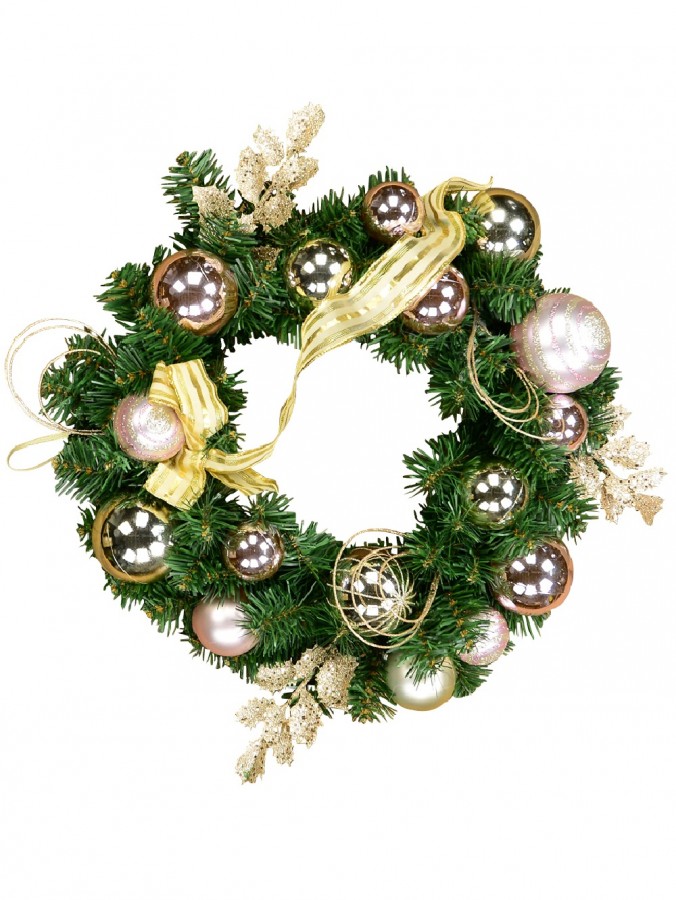 Champagne & Pink Bauble, Holly Leaf & Whisker Loops Pine Wreath - 45cm