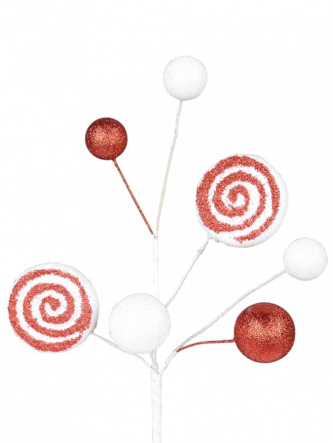 Red & White Candy Cane Swirls & Balls Decorative Christmas Spray Pick - 28cm