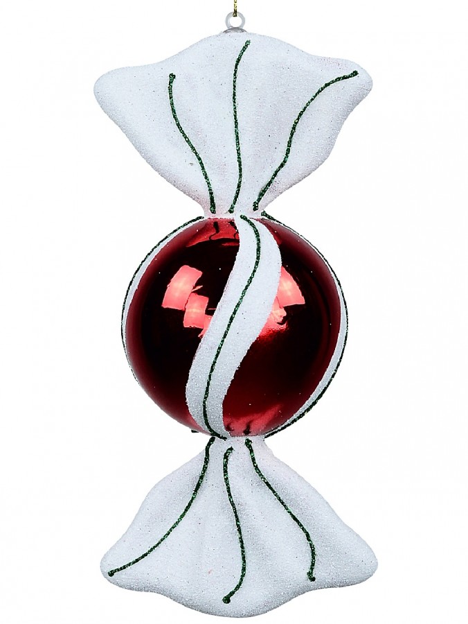 Red & White Wrapped Ball Lolly Christmas Bauble With Green Line Stripes - 18cm