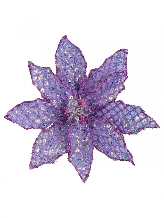 Soft Lilac Honeycomb Mesh & Sequin Poinsettia Christmas Clip Stem | 30cm