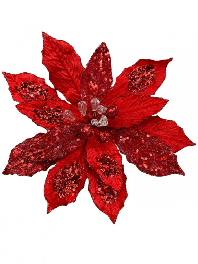 Red Frosted Two Leaf Style Poinsettia Decorative Christmas Floral Pick - 23cm