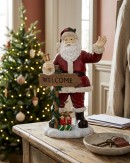 34cm Classic Santa & Welcome Signpost Christmas Resin Figurine