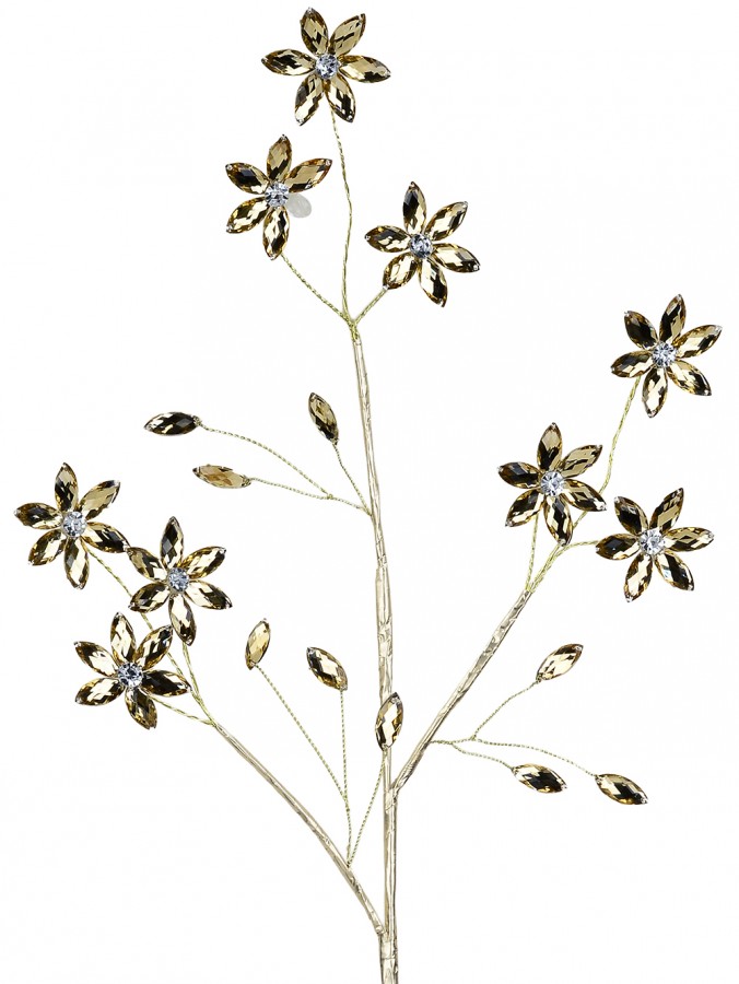 Honey Amber Diamante Blossom Spray Stem With Gilded Branches | 58cm