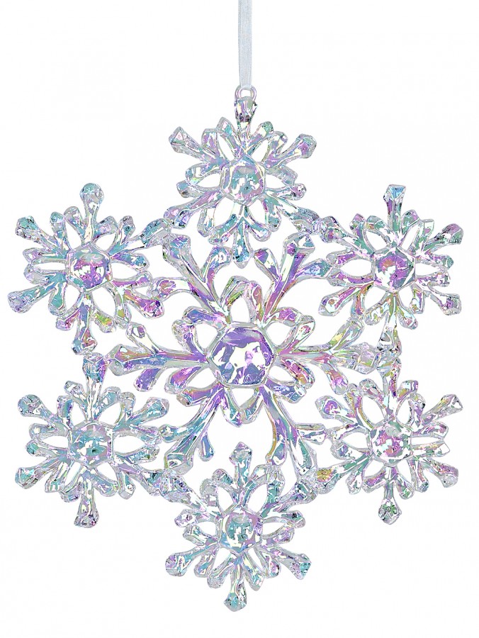 Clear With Iridescent Textured Snowflakes Clump Hanging Decoration - 29cm