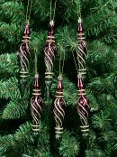 6x 18cm Shiny Red & Green Textured Icicle Finials With Gold Glitter Lines
