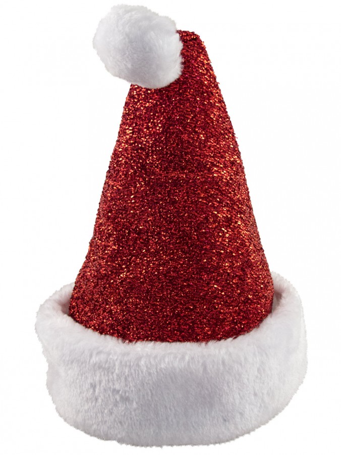 Red Glittered With Fluffy White Trim Traditional Santa Hat - One Size Fits Most