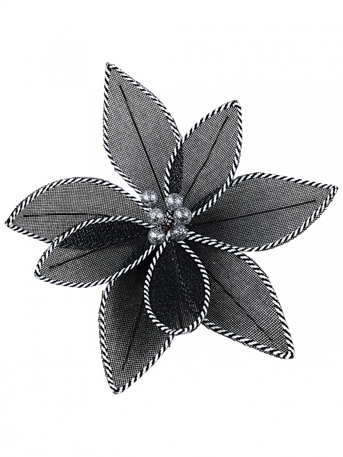 26cm Black Mesh With Silver & White Poinsettia Flower Christmas Tree Clip Pick